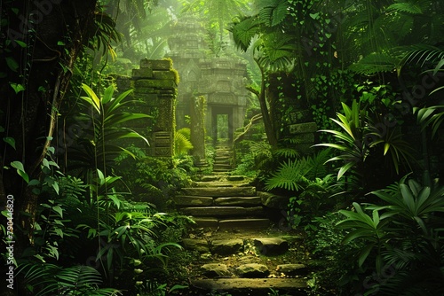 A jungle path leading to a forgotten temple  lush foliage and hidden secrets  adventurous and inviting  vibrant greenery