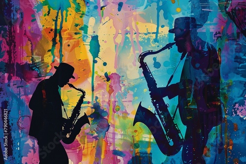 A jazz saxophonists silhouette against a backdrop of splattered ink notes, nocturnal jazz club vibes, abstract expressionism photo
