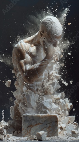 A sculptors chisel gently shaping a marble block into a fluid human form, amidst a shower of stone flakes, dramatic spotlight photo