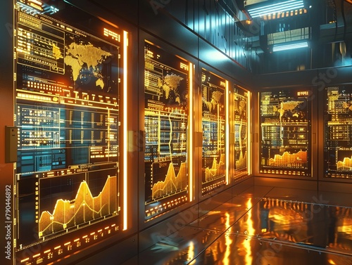 A series of golden servers in a data center with screens showing realtime financial analytics, infrastructure of digital economies photo