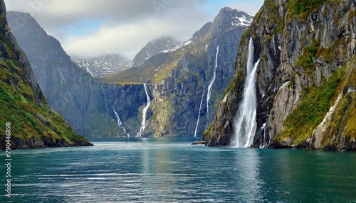 A dramatic fjord landscape  where sheer cliffs rise from crystal-clear waters  their rugged faces adorned with cascading waterfalls and nesting seabirds.