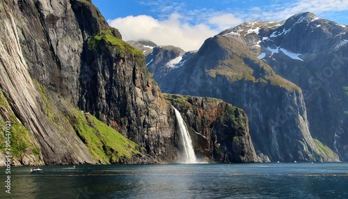 A dramatic fjord landscape  where sheer cliffs rise from crystal-clear waters  their rugged faces adorned with cascading waterfalls and nesting seabirds.