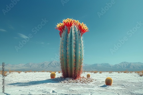 A cactus thrives in the arid desert landscape under the blazing sky photo