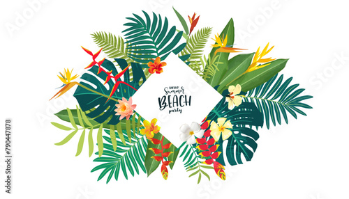Tropical floral greeting card. Vibrant summer design with hibiscus and plumeria against lush jungle. Watercolor illustration framed by greenery. Modern template for beach weddings or vacation parties