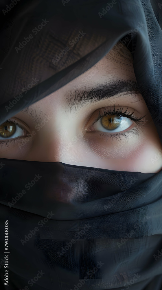 Close-up portrait of a young Muslim woman in a black burqa with her face hidden