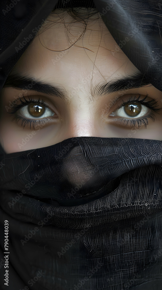 Close-up portrait of a young Muslim woman in a black burqa with her face hidden Close-up portrait of a young Muslim woman in a black burqa with her face hidden