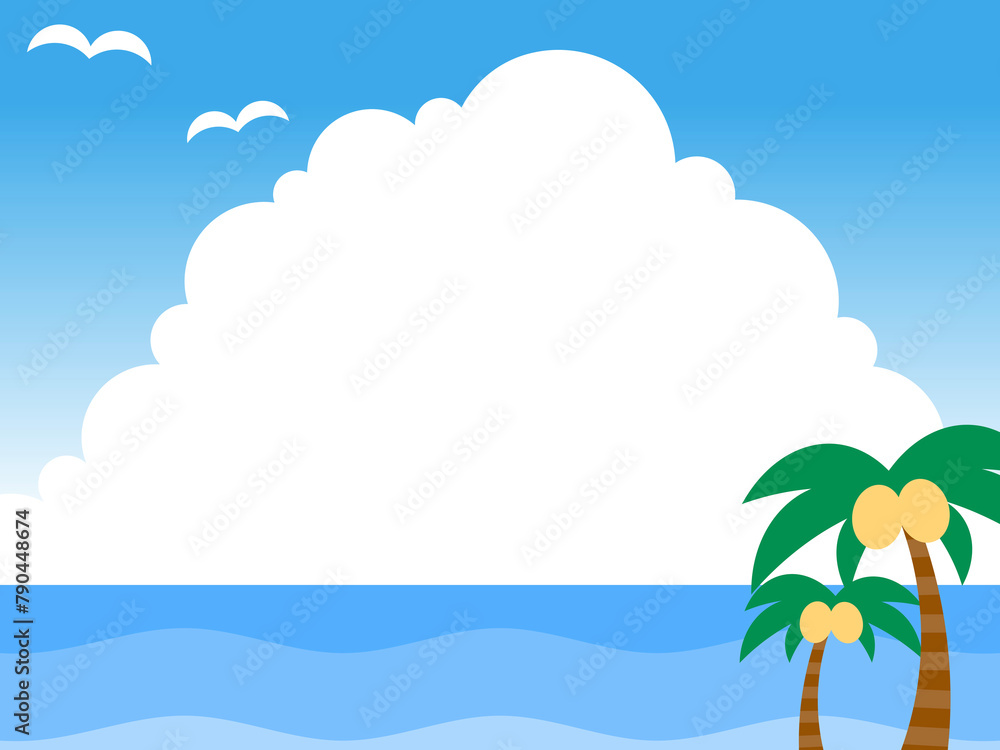 海と入道雲とヤシの木とかもめフレーム：青