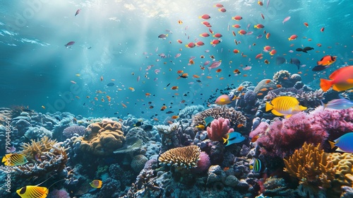 A vibrant underwater wonderland showcasing coral reefs and exotic fish in the Indian Ocean, specifically in the Maldives. It's an invitation to dive into the depths and explore the mesmerizing marine  photo