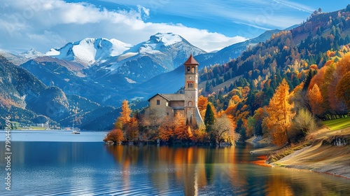 A stunning autumnal view of the Tower of the sunken church in Resia Lake. This picturesque morning scene captures the beauty of the Italian Alps in South Tyrol, Italy, Europe