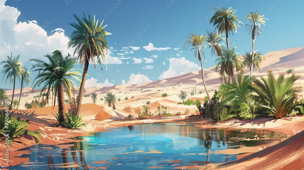 An oasis nestled in the heart of the desert, featuring swaying palm trees, a tranquil pond, and the golden sands of Arabia.