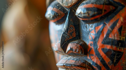 Wooden statue with expressive face