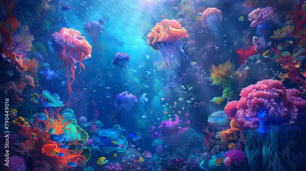In the serene depths of the ocean, colorful creatures sway in a beautiful dance, forming a magical underwater wonderland. In the serene depths of the ocean, colorful creatures sway in a beautiful dance, forming a magical underwater wonderland.