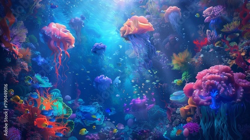 In the serene depths of the ocean, colorful creatures sway in a beautiful dance, forming a magical underwater wonderland.