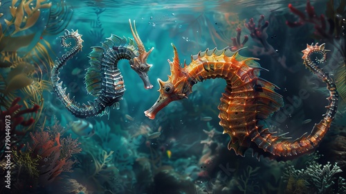 A stunning digital painting portraying seahorses and sea dragons in an enchanting underwater wonderland.