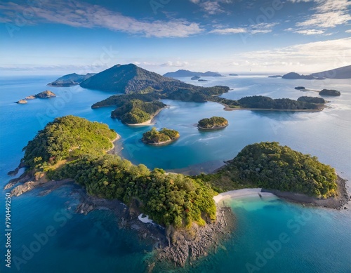Top view, An archipelago of islands scattered across the ocean, each one a tiny jewel with its own unique blend of beaches, forests, and volcanic peaks, all seen from above.