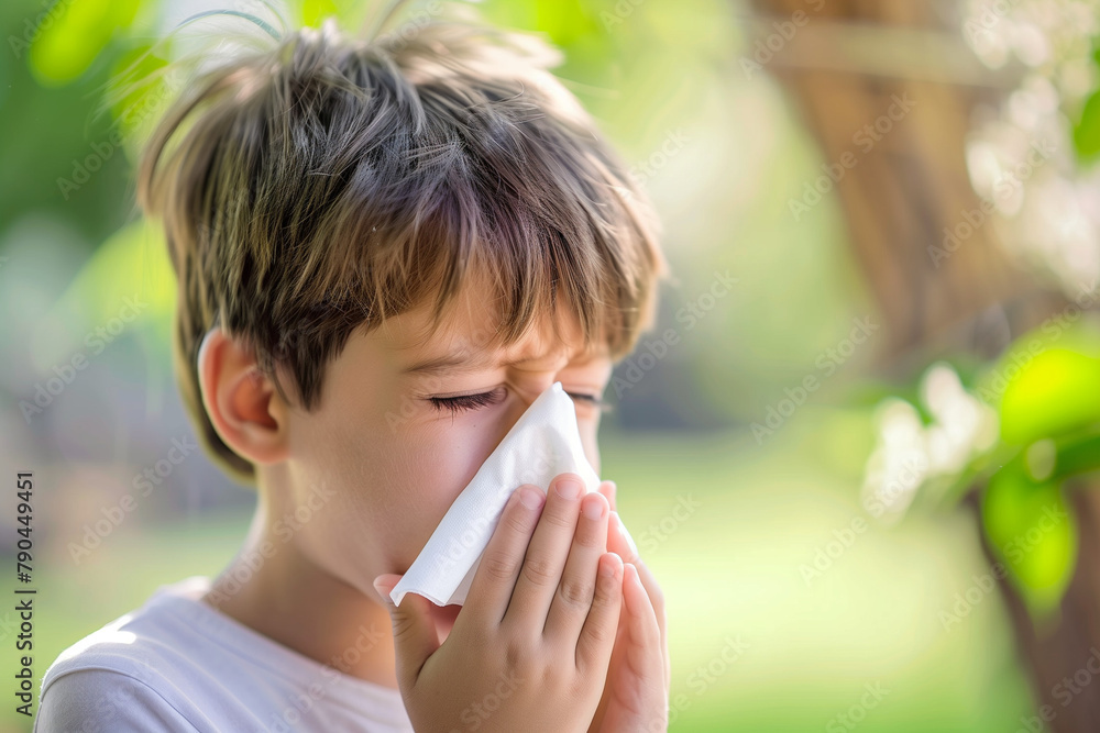 Obraz premium Young Boy Sneezing in Park, Allergic Reaction, Springtime Outdoor Setting