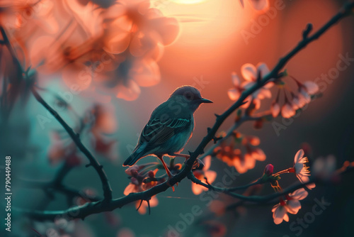 Serene Bird Perched on Blossoming Branch, Warm Sunset Light, Nature Beauty © Vasilina FC