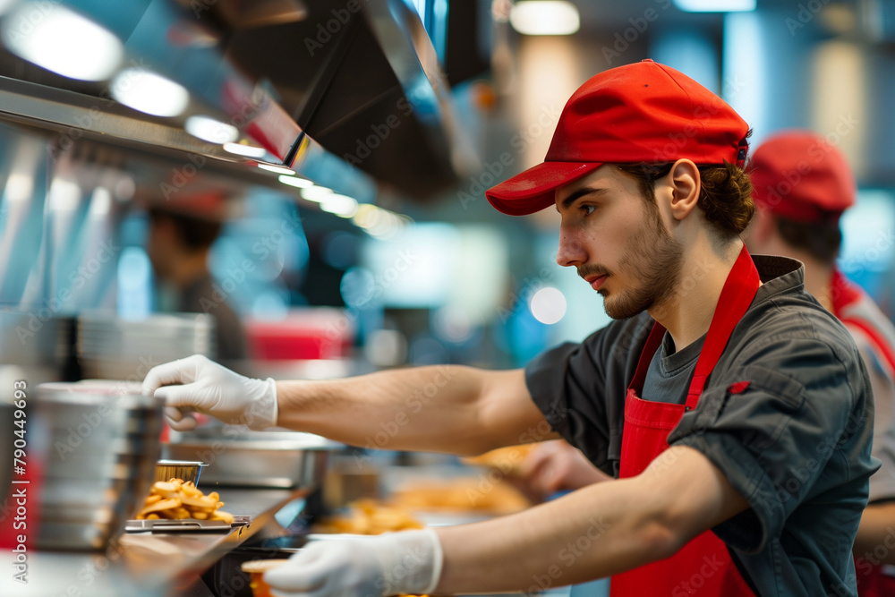 Fast-Food Worker Preparing Orders, Busy Restaurant Kitchen