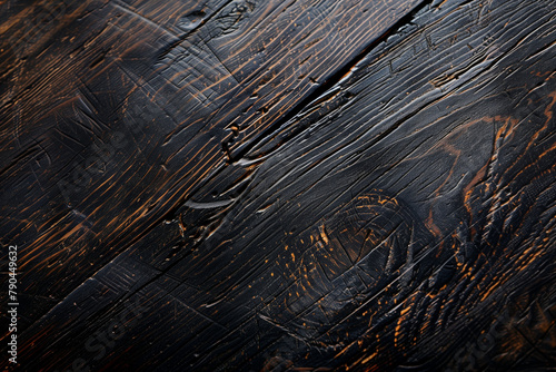 Close-up texture of charred wood, abstract and natural pattern photo