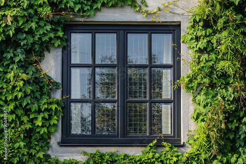 Vintage window surrounded by ivy, picturesque and tranquil architecture