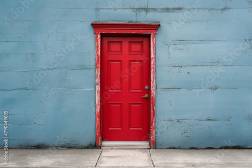 Red Door on Weathered Blue Wall, Textured Urban Background
