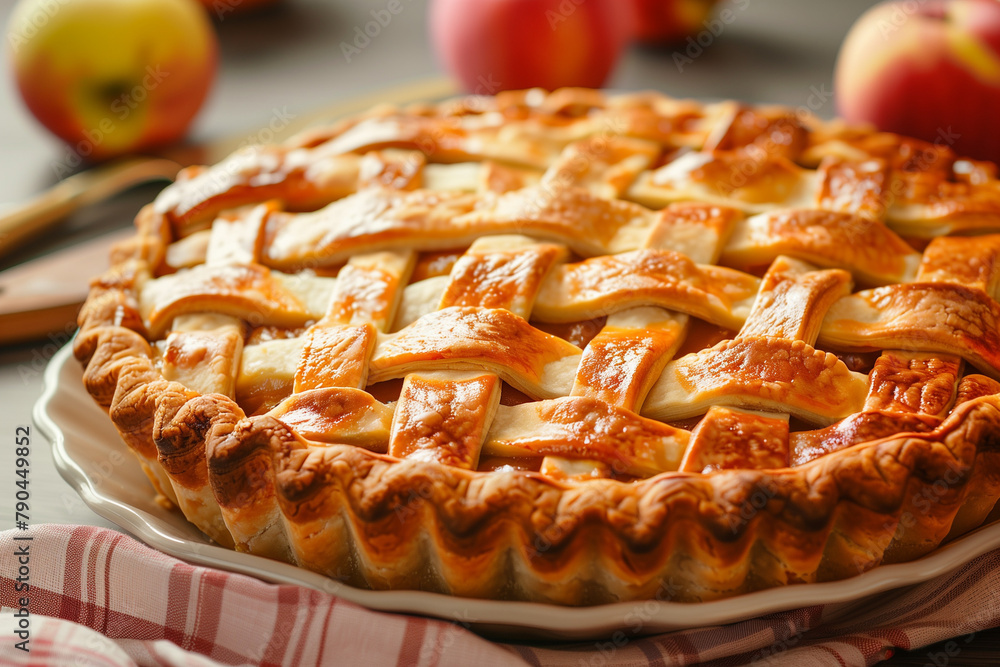 Homemade apple pie with lattice crust, traditional dessert Homemade apple pie with lattice crust, traditional dessert