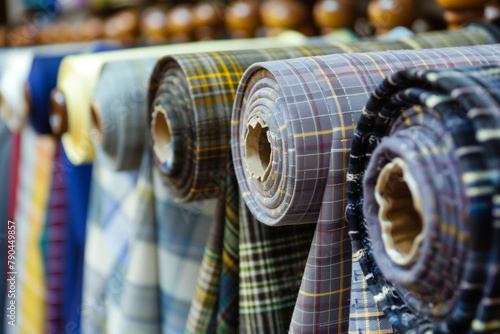 Rolls of tartan fabric, fashion design and textile industry