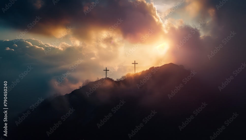 The Christian themed on a background with dramatic at dawn, with a beautiful sea of clouds, dark clouds and sky and sunbeams The Christian themed on a background with dramatic at dawn, with a beautiful sea of clouds, dark clouds and sky and sunbeams