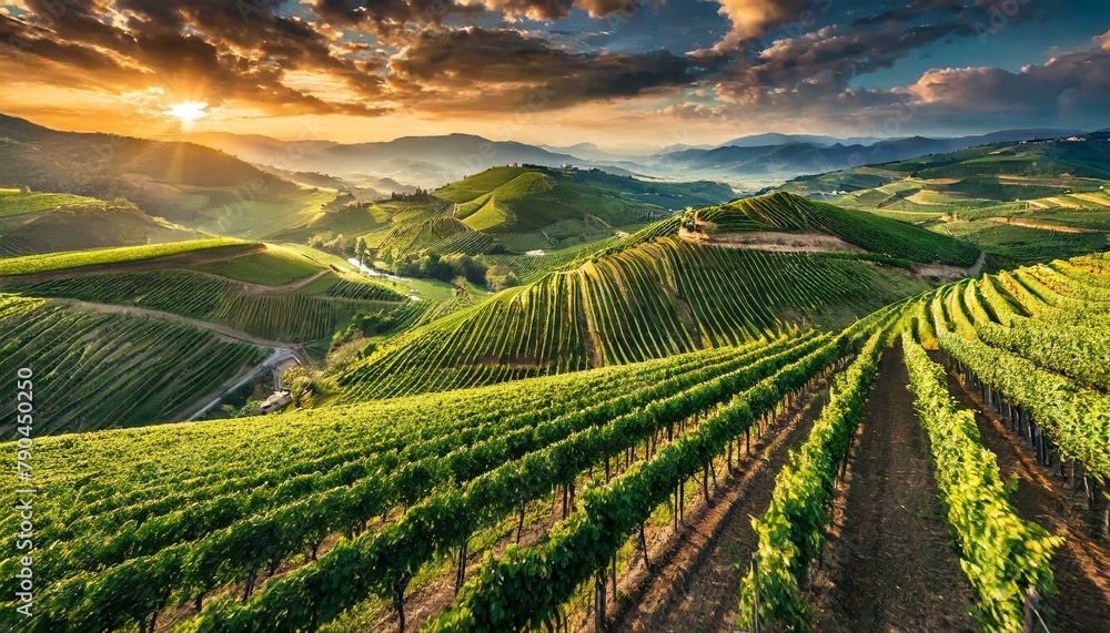 Top view, A patchwork of vineyards sprawling across rolling hillsides, their neatly ordered rows of grapevines forming geometric patterns against the backdrop of picturesque countryside.