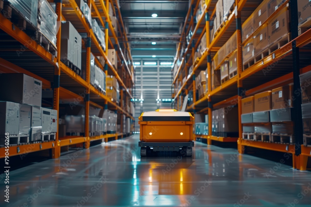Autonomous Robot in Modern Warehouse Aisle. Logistics Concept.