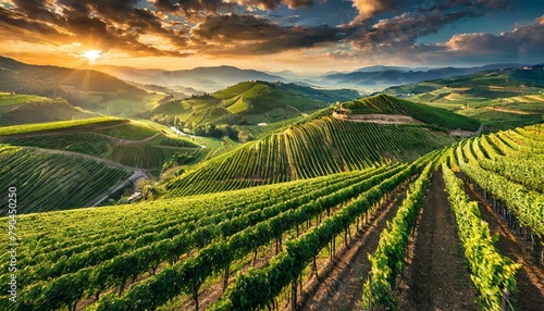 Top view  A patchwork of vineyards sprawling across rolling hillsides  their neatly ordered rows of grapevines forming geometric patterns against the backdrop of picturesque countryside.