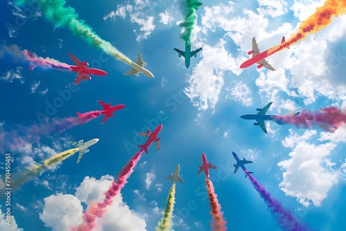 A colorful array of airplanes flying in a circle in the sky. The sky is blue with some clouds photo