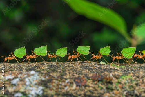 Leafcutter Ants Carrying Leaves in a Line photo