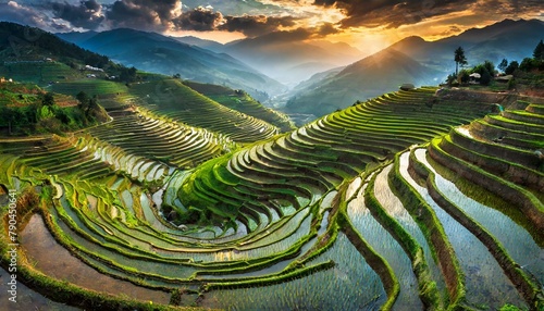 Top view, A series of terraced rice paddies cascading down the slopes of a mountain valley, their verdant tiers creating a breathtaking tapestry of agricultural beauty. photo
