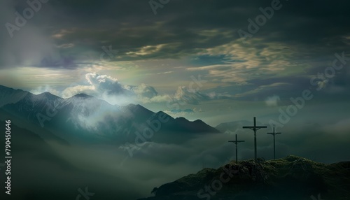 The Christian themed on a background with dramatic at dawn, with a beautiful sea of ​​clouds, dark clouds and sky and sunbeams