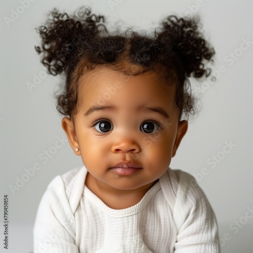 Adorable Caribbean Baby Girl with Curly Pigtails and Big Brown Eyes