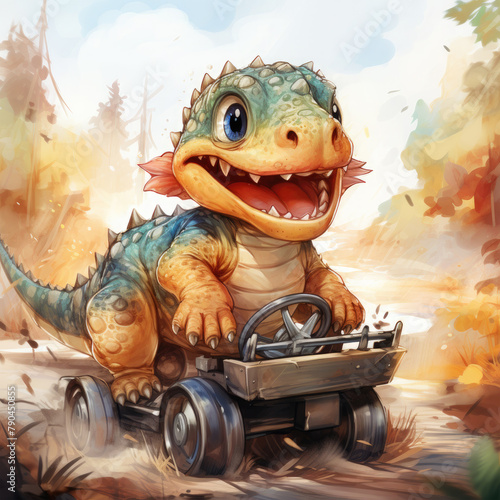Watercolor Cartoon dinosaur characters driving  clipart Illustration  Generative Ai
