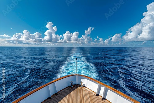 Head of a ship sailing on the open sea with the horizon visible on a clear day photo