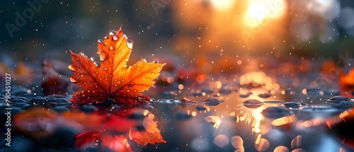 Maple leaves half submerged in water on a street with the setting sun behind © 일 박
