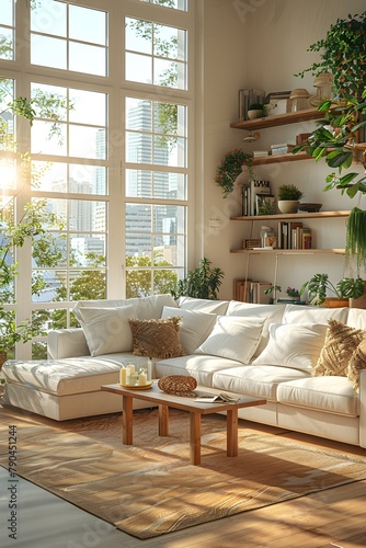 This is a photo of a simple and cozy wooden floor living room interior with a large window, white cushions, and a white sofa with plenty of natural light. © 일 박