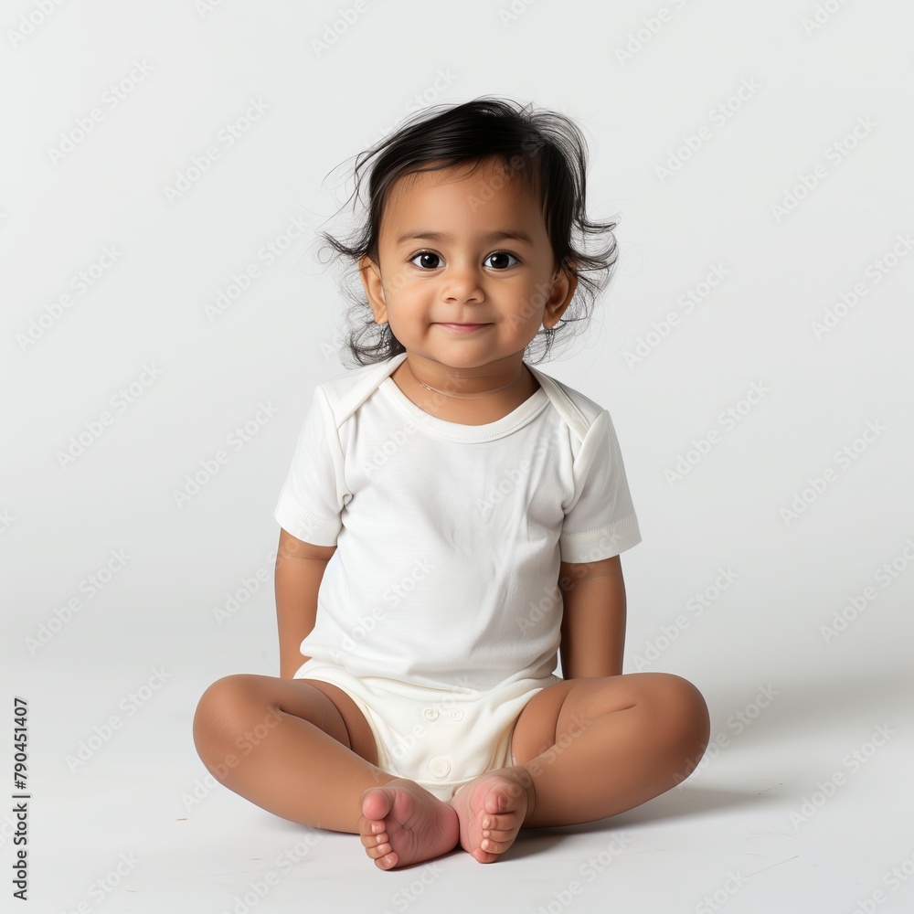 Adorable East Indian Baby Girl Sitting in White Onesie, Smiling Adorable East Indian Baby Girl Sitting in White Onesie, Smiling