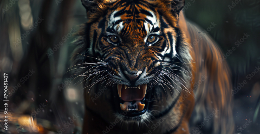 Close-up portrait of a tiger with sharp teeth in the wild. 