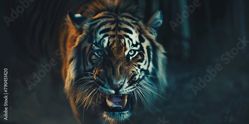 Close-up portrait of a tiger with sharp teeth in the wild. 