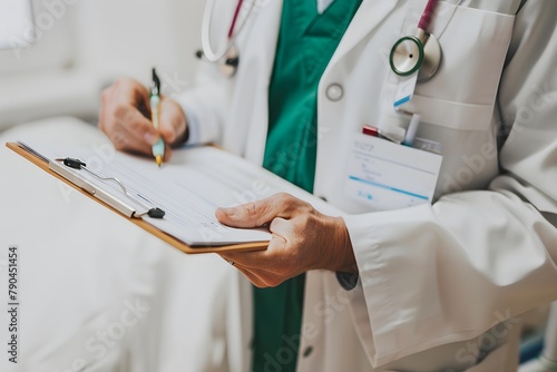 A doctor is writing something with a pen in his office.