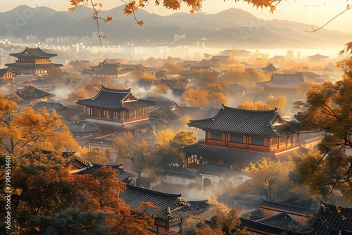 A panoramic view of an ancient oriental village lined with tiled houses in harmony with the trees.