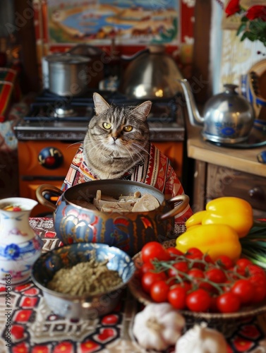 cute Cat Adorned in Cozy Scarf and Jacket, Posing with Elegance cooking and dancing cat with outfit © CLOXMEDIA