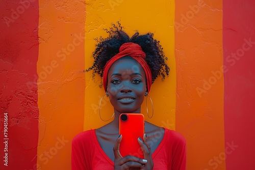 A woman is taking a selfie with her cell phone in front of a colorful wall