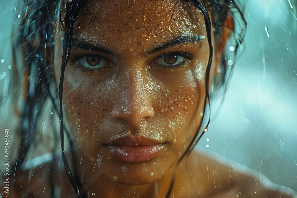 a close up of a woman s face with water drops on it