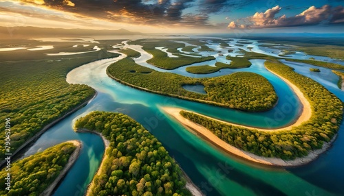 Top view, A serene coastal estuary, where the meeting of freshwater and saltwater creates a rich ecosystem teeming with diverse flora and fauna, visible in the intricate network of channels and island