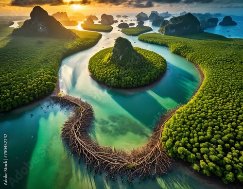 Top view, A sprawling mangrove forest lining the edge of a tropical coastline, its tangled roots forming a labyrinth of channels and sheltering a wealth of marine life. photo